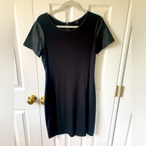 Black theory dress with faux leather sleeves